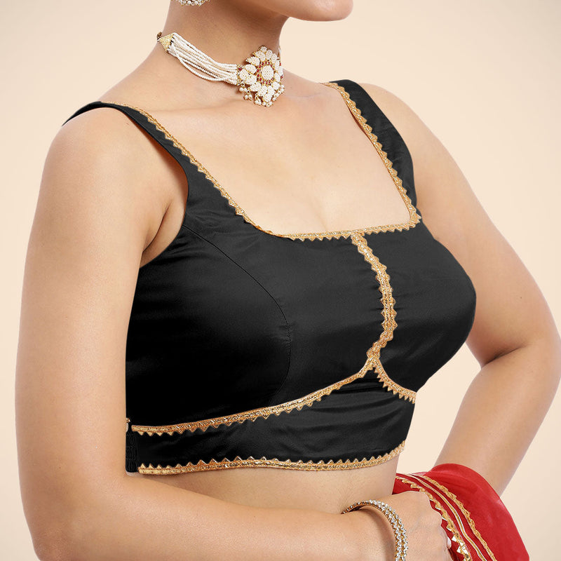 Arya x Tyohaar | Charcoal Black Sleeveless FlexiFit™ Saree Blouse with Square Neck and Back Window Embeliished with Golden Gota and Pearl Lace-Binks
