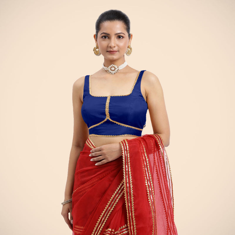 Arya x Tyohaar | Cobalt Blue Sleeveless FlexiFit™ Saree Blouse with Square Neck and Back Window Embeliished with Golden Gota and Pearl Lace-Binks