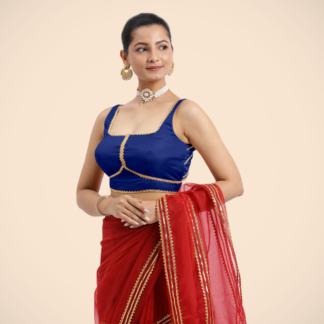 Arya x Tyohaar Saree Blouse, in Blue Vegan Silk, featuring sleeveless and square neckline, made for party & festive (view 2).