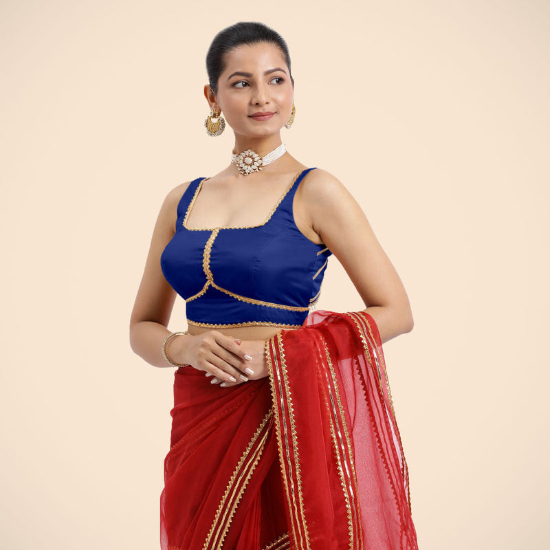 Arya x Tyohaar | Cobalt Blue Sleeveless FlexiFit™ Saree Blouse with Square Neck and Back Window Embeliished with Golden Gota and Pearl Lace-Binks