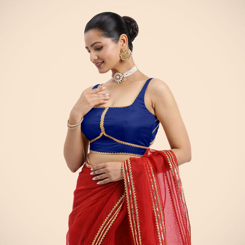 Arya x Tyohaar | Cobalt Blue Sleeveless FlexiFit™ Saree Blouse with Square Neck and Back Window Embeliished with Golden Gota and Pearl Lace-Binks