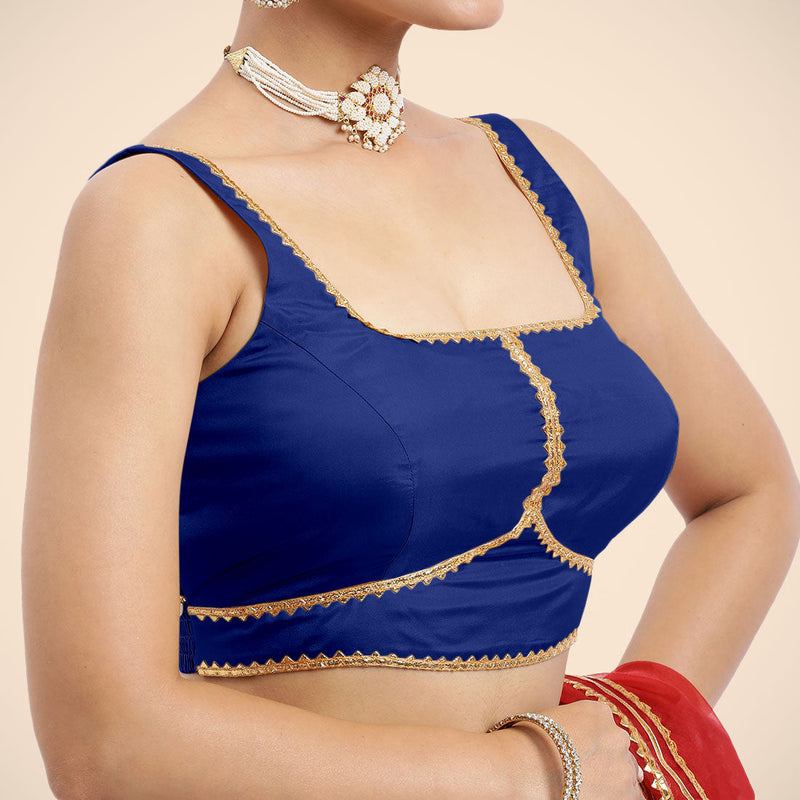 Arya x Tyohaar | Cobalt Blue Sleeveless FlexiFit™ Saree Blouse with Square Neck and Back Window Embeliished with Golden Gota and Pearl Lace-Binks