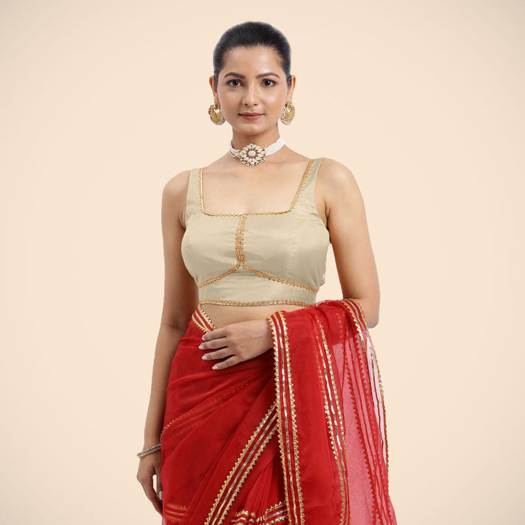 Arya x Tyohaar Saree Blouse, in Cream Vegan Silk, featuring sleeveless and square neckline, made for party & festive.