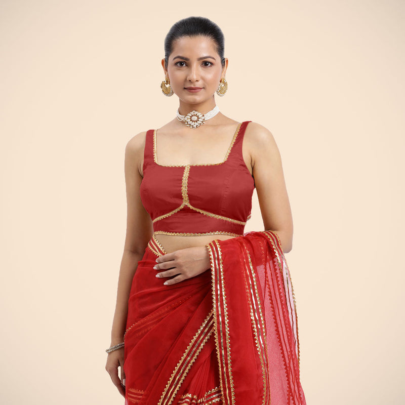 Arya x Tyohaar | Crimson Red Sleeveless FlexiFit™ Saree Blouse with Square Neck and Back Window Embeliished with Golden Gota and Pearl Lace-Binks