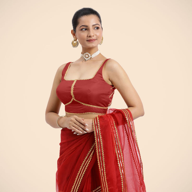 Arya x Tyohaar | Crimson Red Sleeveless FlexiFit™ Saree Blouse with Square Neck and Back Window Embeliished with Golden Gota and Pearl Lace-Binks