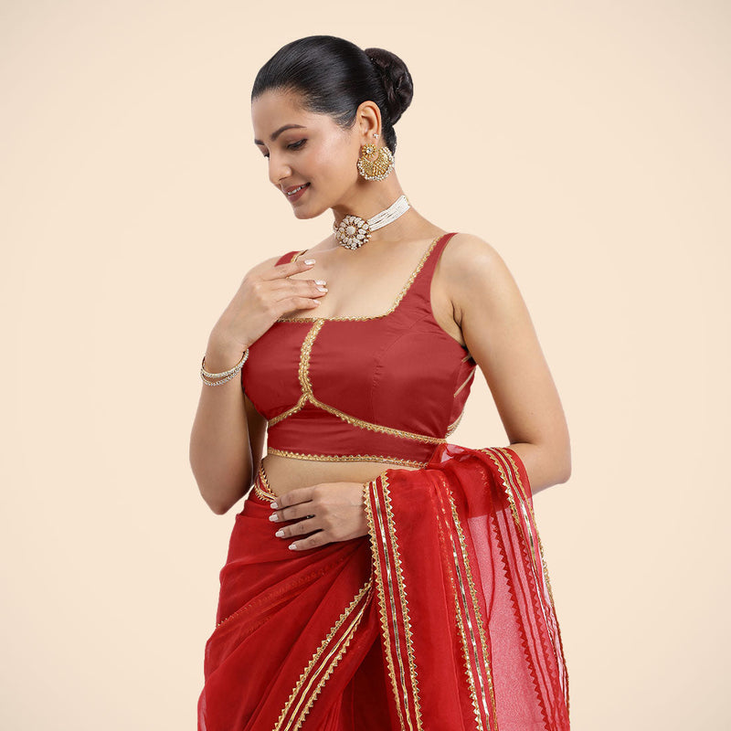Arya x Tyohaar | Crimson Red Sleeveless FlexiFit™ Saree Blouse with Square Neck and Back Window Embeliished with Golden Gota and Pearl Lace-Binks