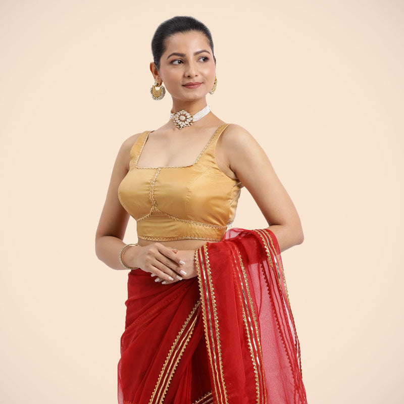 Arya x Tyohaar | Gold Sleeveless FlexiFit™ Saree Blouse with Square Neck and Back Window Embeliished with Golden Gota and Pearl Lace-Binks
