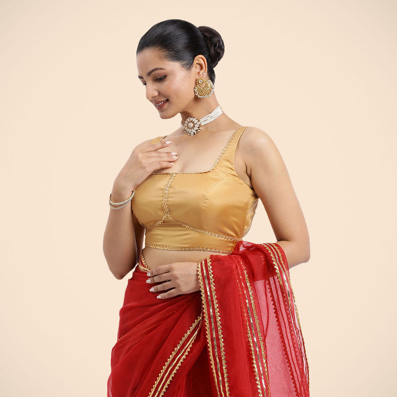 Arya x Tyohaar | Gold Sleeveless FlexiFit™ Saree Blouse with Square Neck and Back Window Embeliished with Golden Gota and Pearl Lace-Binks