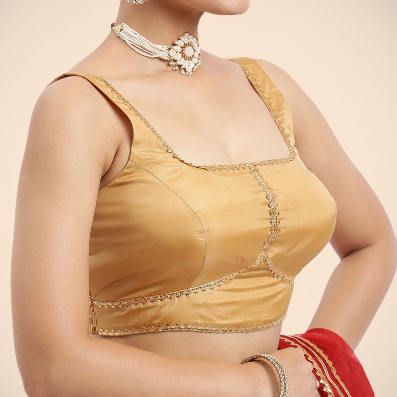 Arya x Tyohaar | Gold Sleeveless FlexiFit™ Saree Blouse with Square Neck and Back Window Embeliished with Golden Gota and Pearl Lace-Binks