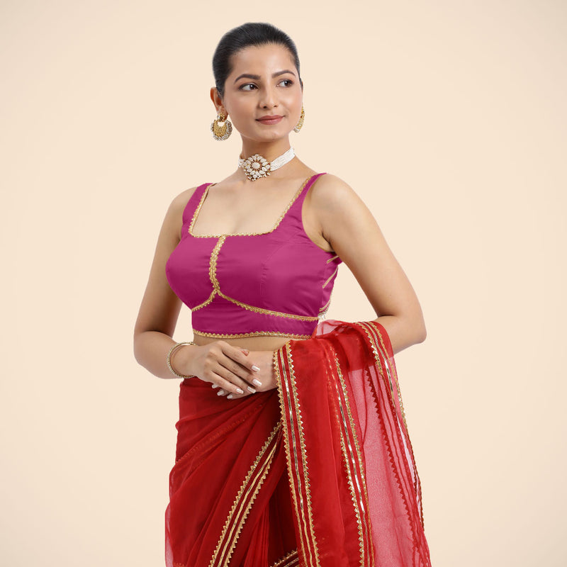 Arya x Tyohaar | Sleeveless Hot Pink FlexiFit™ Gota Embellished Saree Blouse with Square Neck-Binks