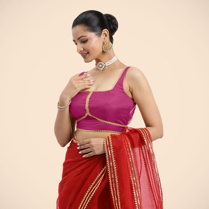 Arya x Tyohaar | Sleeveless Hot Pink FlexiFit™ Gota Embellished Saree Blouse with Square Neck-Binks