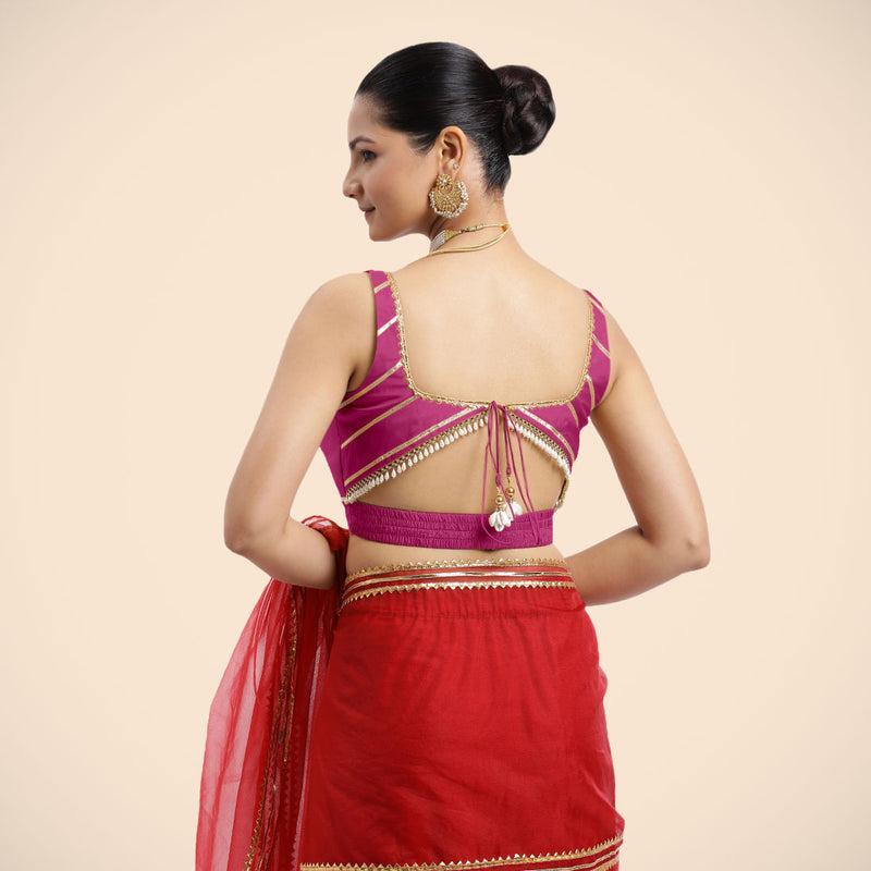 Arya x Tyohaar | Sleeveless Hot Pink FlexiFit™ Gota Embellished Saree Blouse with Square Neck-Binks