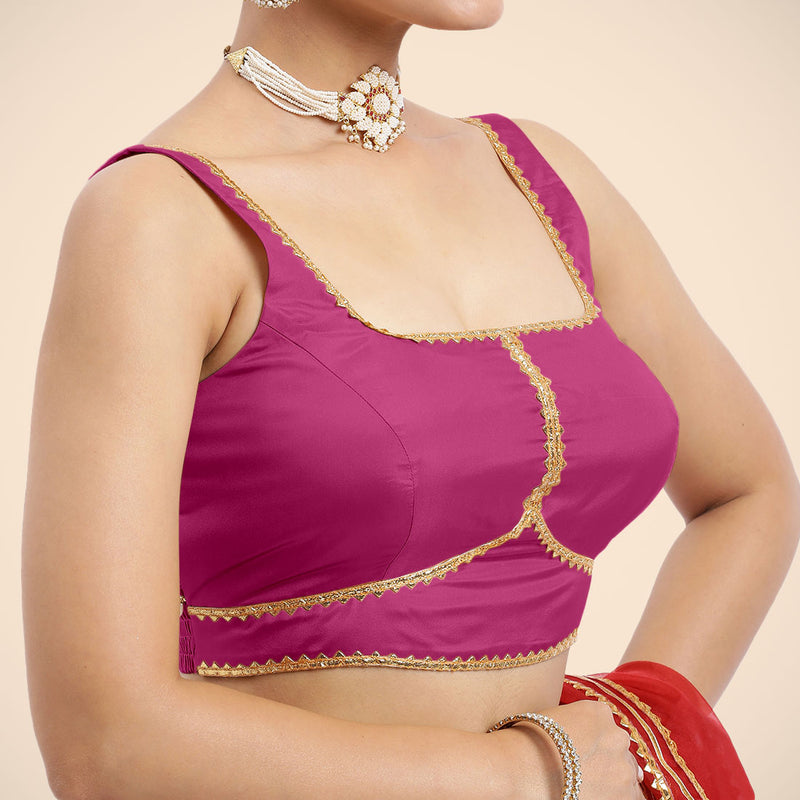 Arya x Tyohaar | Sleeveless Hot Pink FlexiFit™ Gota Embellished Saree Blouse with Square Neck-Binks