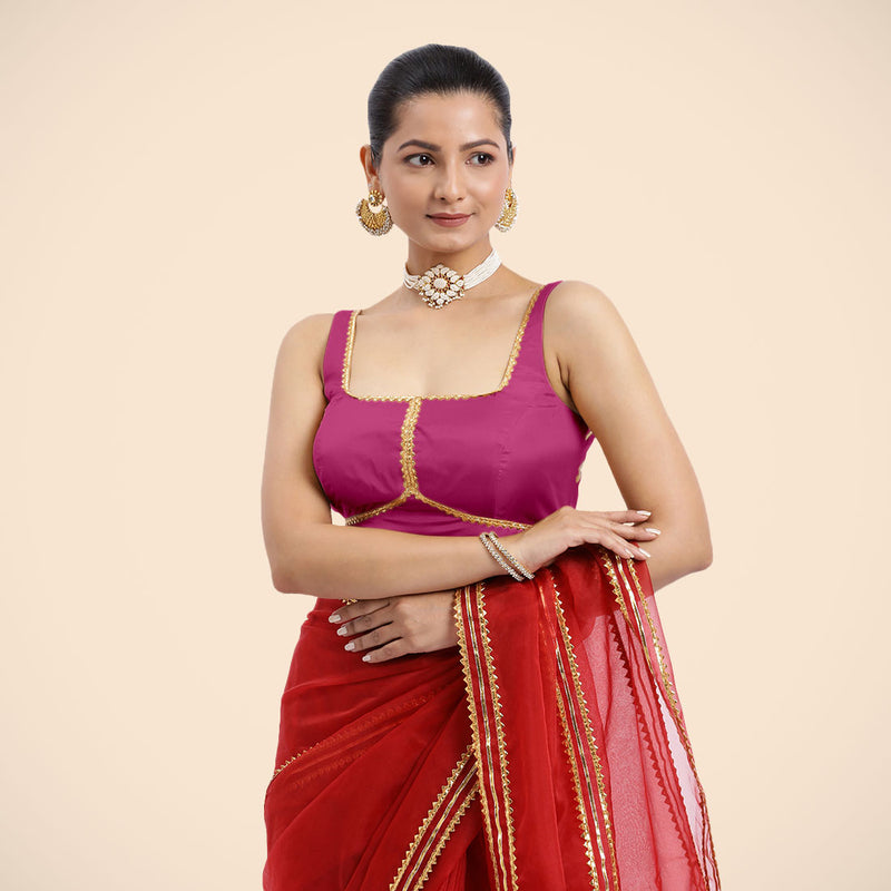Arya x Tyohaar | Sleeveless Hot Pink FlexiFit™ Gota Embellished Saree Blouse with Square Neck-Binks