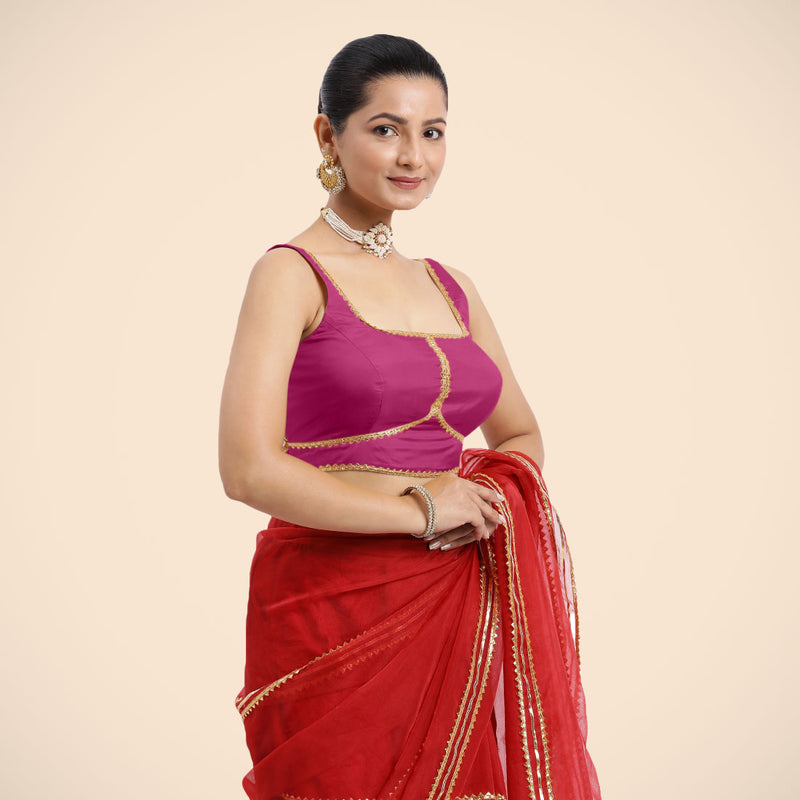 Arya x Tyohaar | Sleeveless Hot Pink FlexiFit™ Gota Embellished Saree Blouse with Square Neck-Binks