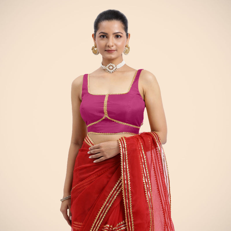 Arya x Tyohaar | Sleeveless Hot Pink FlexiFit™ Gota Embellished Saree Blouse with Square Neck-Binks