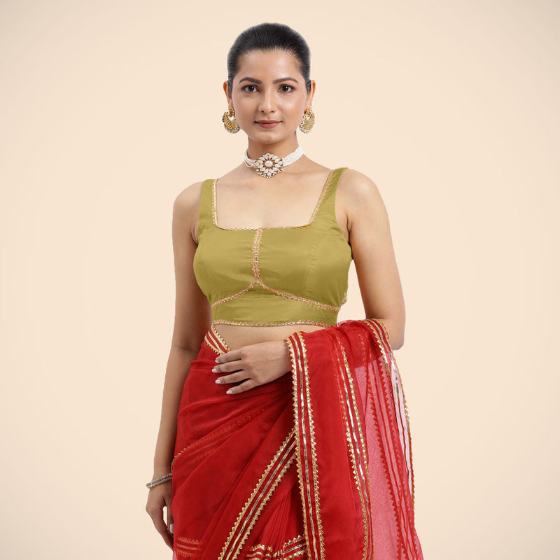 Arya x Tyohaar | Lemon Yellow Sleeveless FlexiFit™ Saree Blouse with Square Neck and Back Window Embellished with Golden Gota and Pearl Lace-Binks