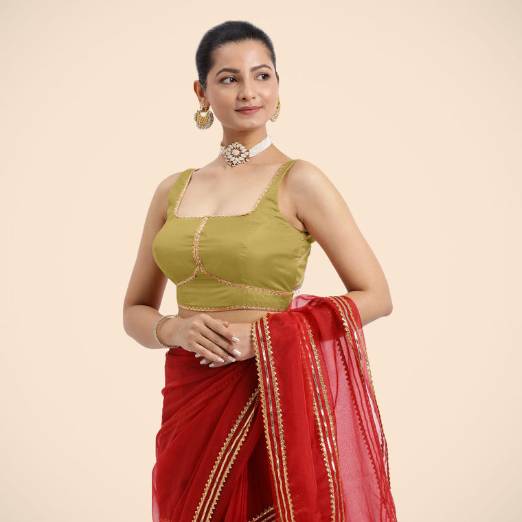 Arya x Tyohaar Saree Blouse, in Yellow Vegan Silk, featuring sleeveless and square neckline, made for party & festive (view 2).