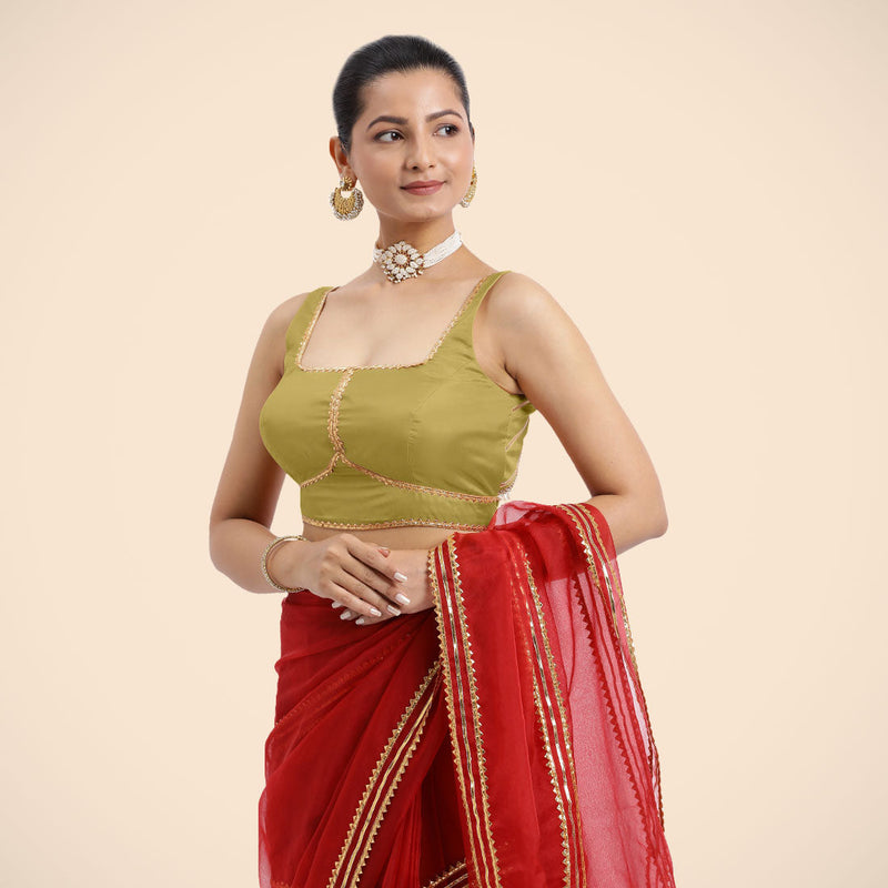 Arya x Tyohaar | Lemon Yellow Sleeveless FlexiFit™ Saree Blouse with Square Neck and Back Window Embellished with Golden Gota and Pearl Lace-Binks