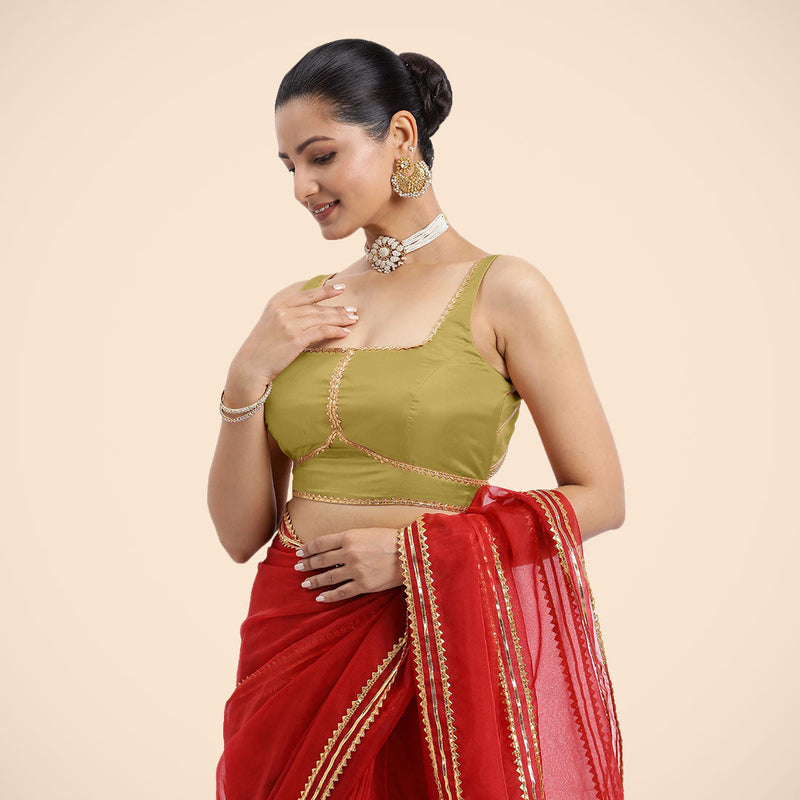 Arya x Tyohaar | Lemon Yellow Sleeveless FlexiFit™ Saree Blouse with Square Neck and Back Window Embellished with Golden Gota and Pearl Lace-Binks