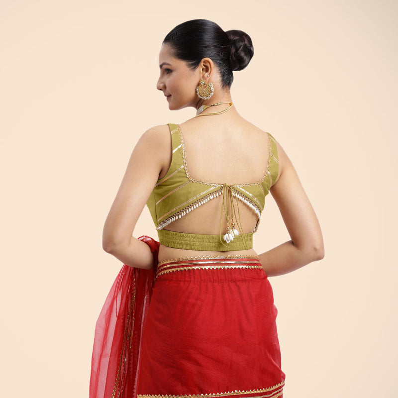 Arya x Tyohaar | Lemon Yellow Sleeveless FlexiFit™ Saree Blouse with Square Neck and Back Window Embellished with Golden Gota and Pearl Lace-Binks