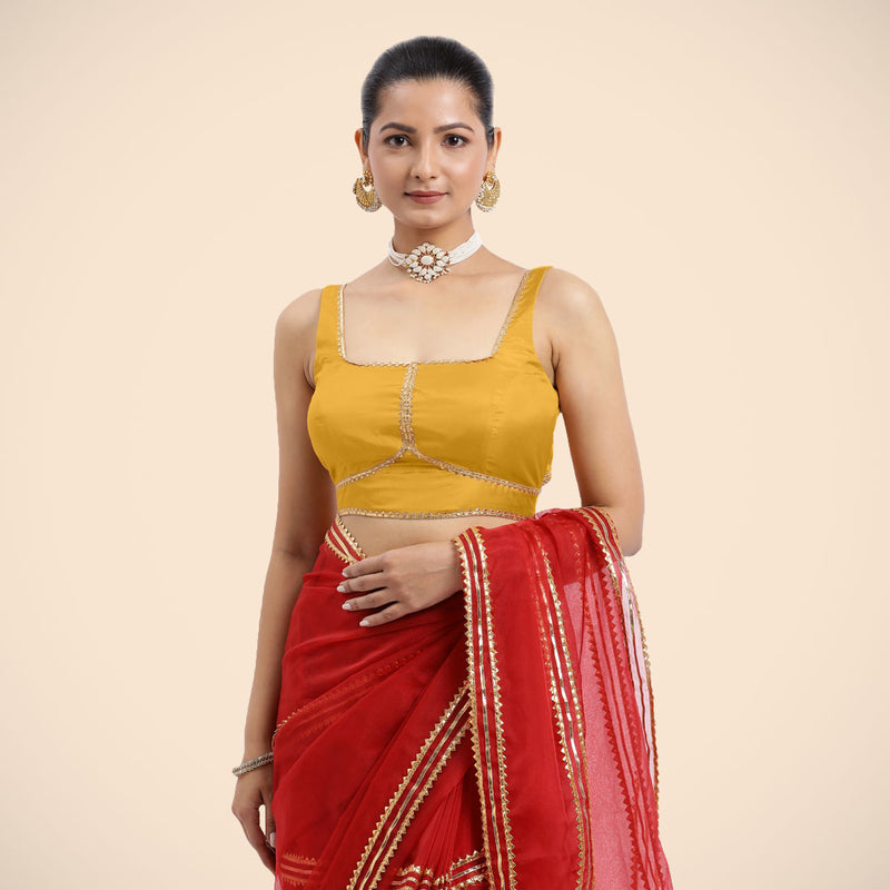 Arya x Tyohaar | Sleeveless Marigold Yellow FlexiFit™ Gota Embellished Saree Blouse with Square Neck-Binks
