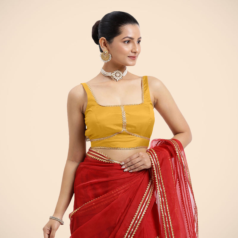 Arya x Tyohaar | Sleeveless Marigold Yellow FlexiFit™ Gota Embellished Saree Blouse with Square Neck-Binks