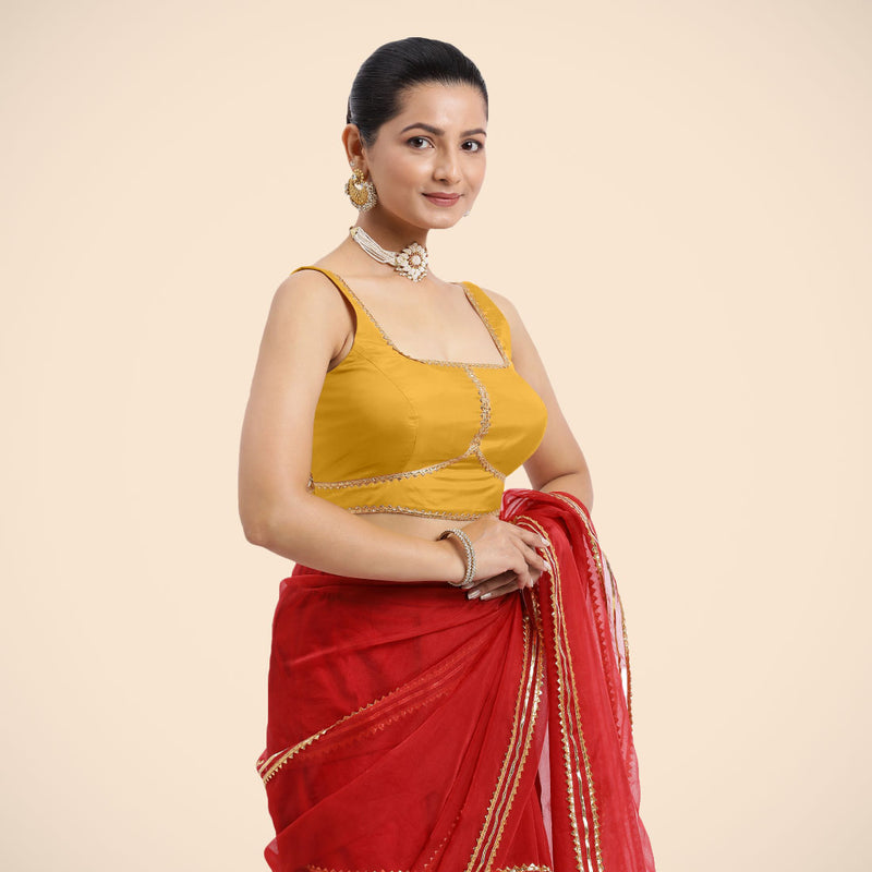 Arya x Tyohaar | Sleeveless Marigold Yellow FlexiFit™ Gota Embellished Saree Blouse with Square Neck-Binks