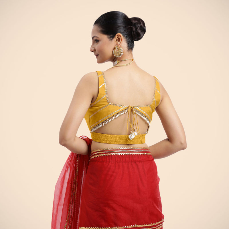 Arya x Tyohaar | Sleeveless Marigold Yellow FlexiFit™ Gota Embellished Saree Blouse with Square Neck-Binks