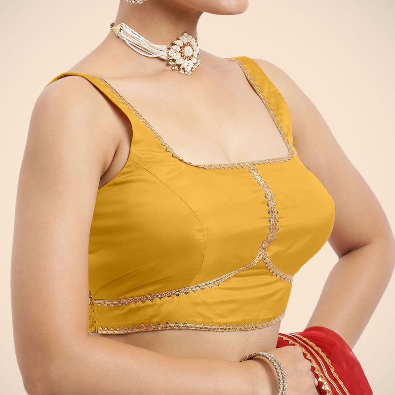 Arya x Tyohaar | Sleeveless Marigold Yellow FlexiFit™ Gota Embellished Saree Blouse with Square Neck-Binks