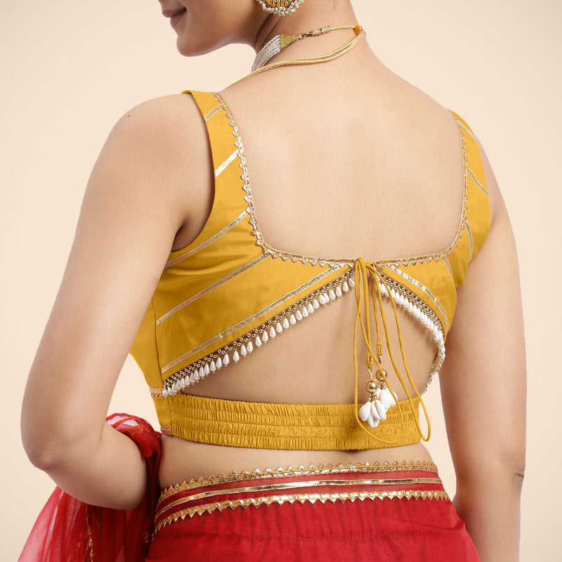 Arya x Tyohaar | Sleeveless Marigold Yellow FlexiFit™ Gota Embellished Saree Blouse with Square Neck-Binks