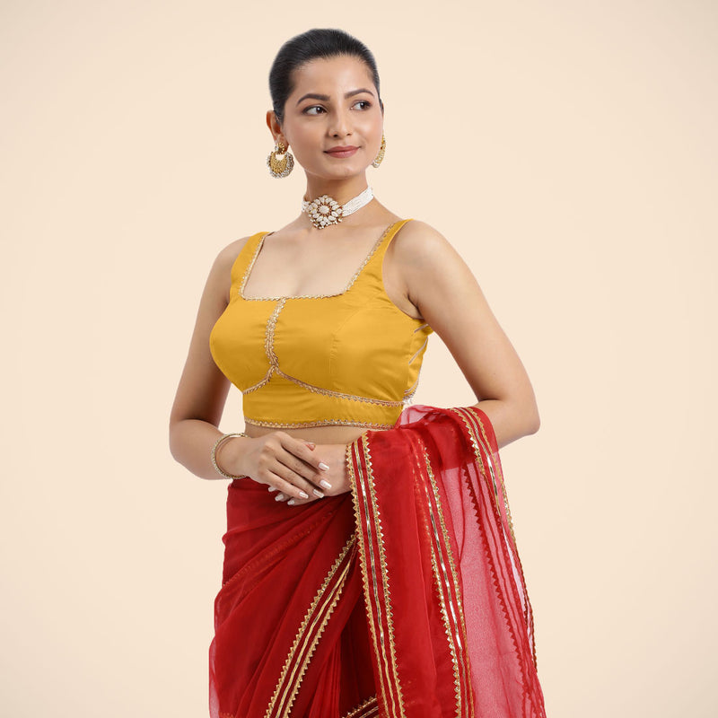 Arya x Tyohaar | Sleeveless Marigold Yellow FlexiFit™ Gota Embellished Saree Blouse with Square Neck-Binks