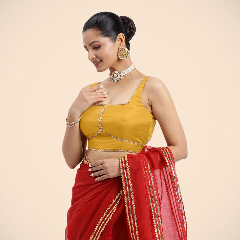 Arya x Tyohaar | Sleeveless Marigold Yellow FlexiFit™ Gota Embellished Saree Blouse with Square Neck-Binks