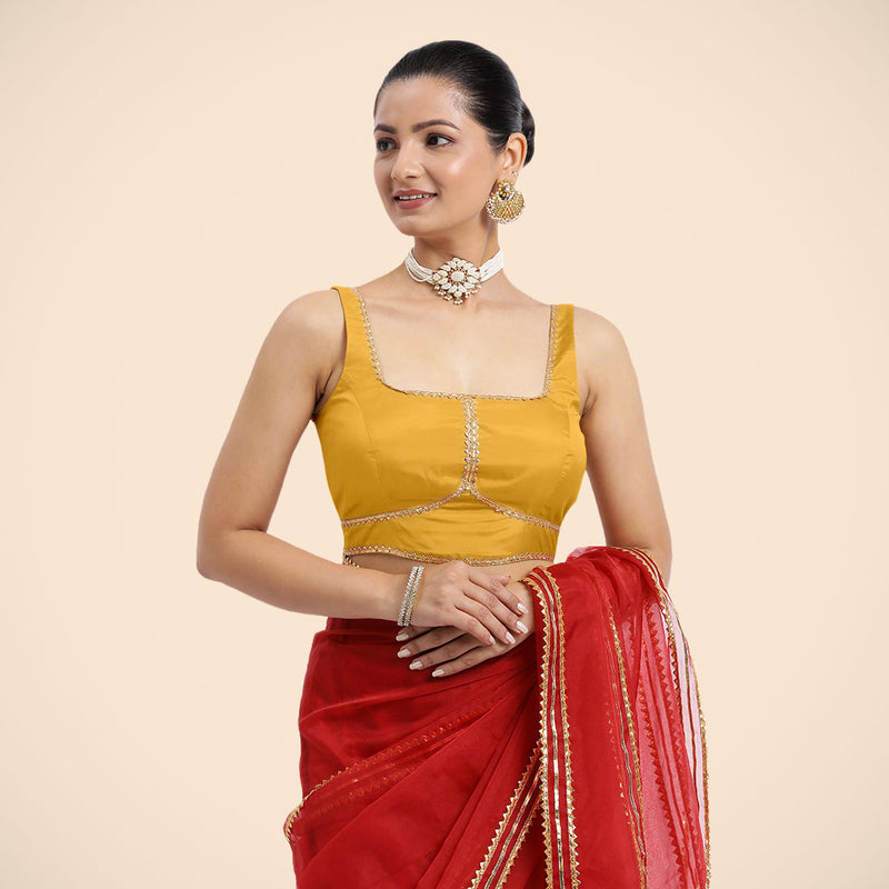 Arya x Tyohaar | Sleeveless Marigold Yellow FlexiFit™ Gota Embellished Saree Blouse with Square Neck-Binks