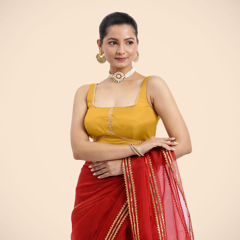 Arya x Tyohaar | Sleeveless Marigold Yellow FlexiFit™ Gota Embellished Saree Blouse with Square Neck-Binks