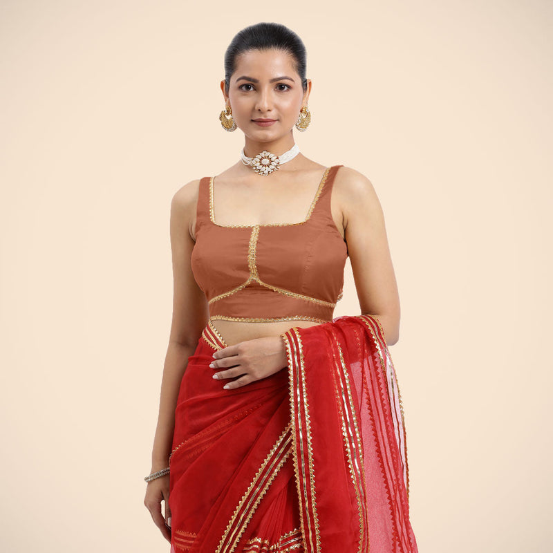 Arya x Tyohaar | Metallic Copper Sleeveless FlexiFit™ Saree Blouse with Square Neck and Back Window Embeliished with Golden Gota and Pearl Lace-Binks