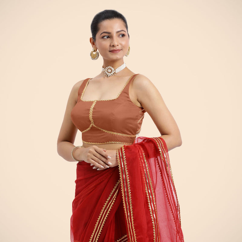 Arya x Tyohaar | Metallic Copper Sleeveless FlexiFit™ Saree Blouse with Square Neck and Back Window Embeliished with Golden Gota and Pearl Lace-Binks