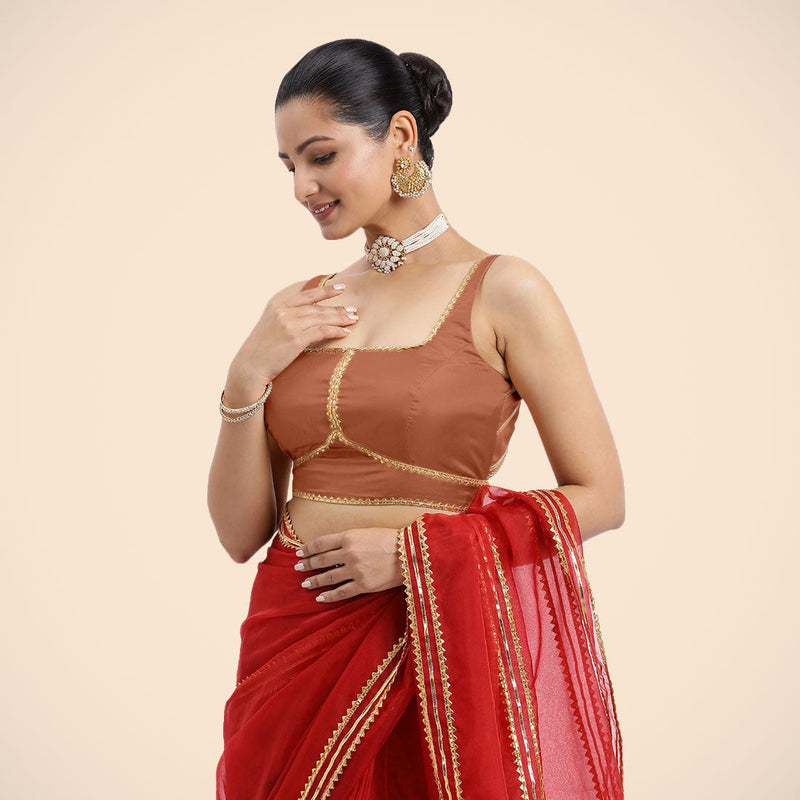 Arya x Tyohaar | Metallic Copper Sleeveless FlexiFit™ Saree Blouse with Square Neck and Back Window Embeliished with Golden Gota and Pearl Lace-Binks