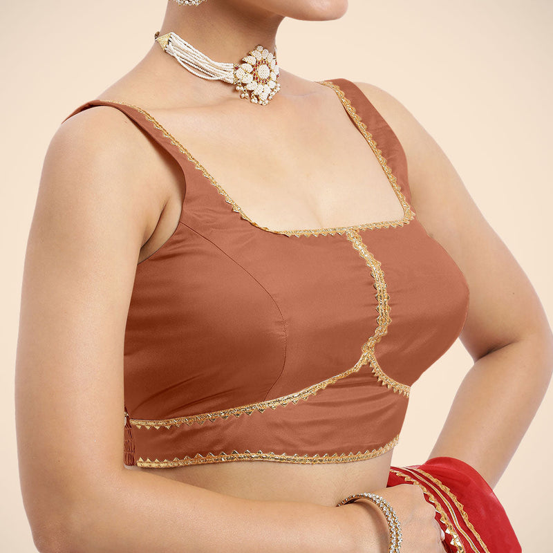 Arya x Tyohaar | Metallic Copper Sleeveless FlexiFit™ Saree Blouse with Square Neck and Back Window Embeliished with Golden Gota and Pearl Lace-Binks