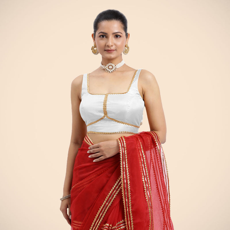 Arya x Tyohaar | Pearl White Sleeveless FlexiFit™ Saree Blouse with Square Neck and Back Window Embeliished with Golden Gota and Pearl Lace-Binks