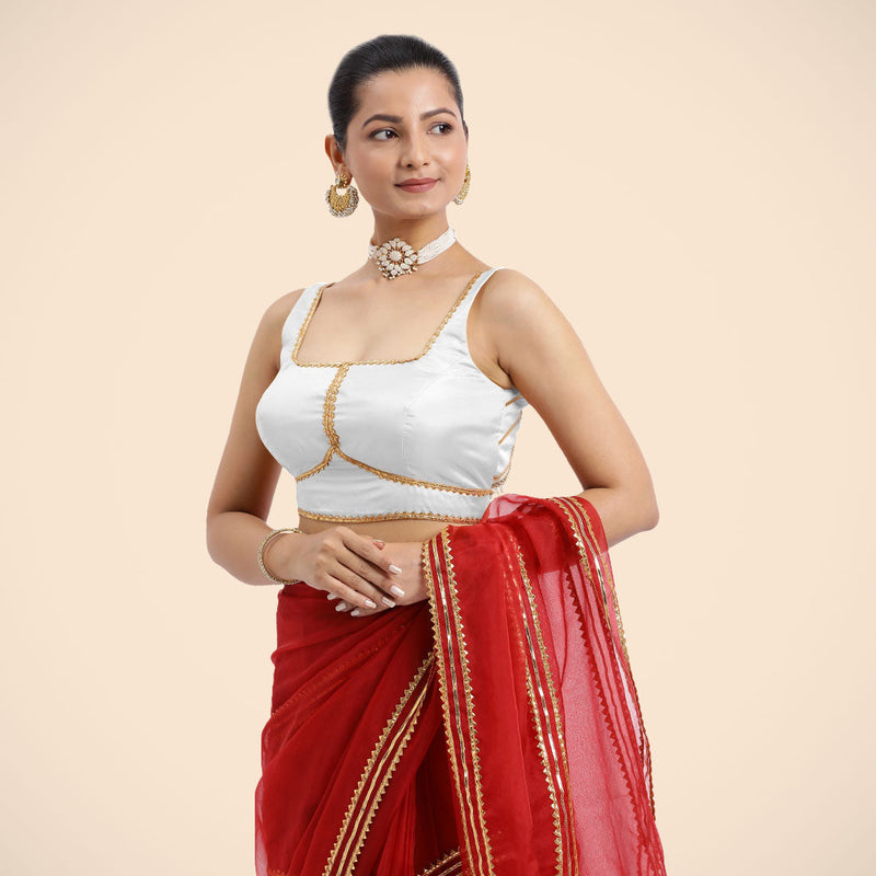 Arya x Tyohaar | Pearl White Sleeveless FlexiFit™ Saree Blouse with Square Neck and Back Window Embeliished with Golden Gota and Pearl Lace-Binks