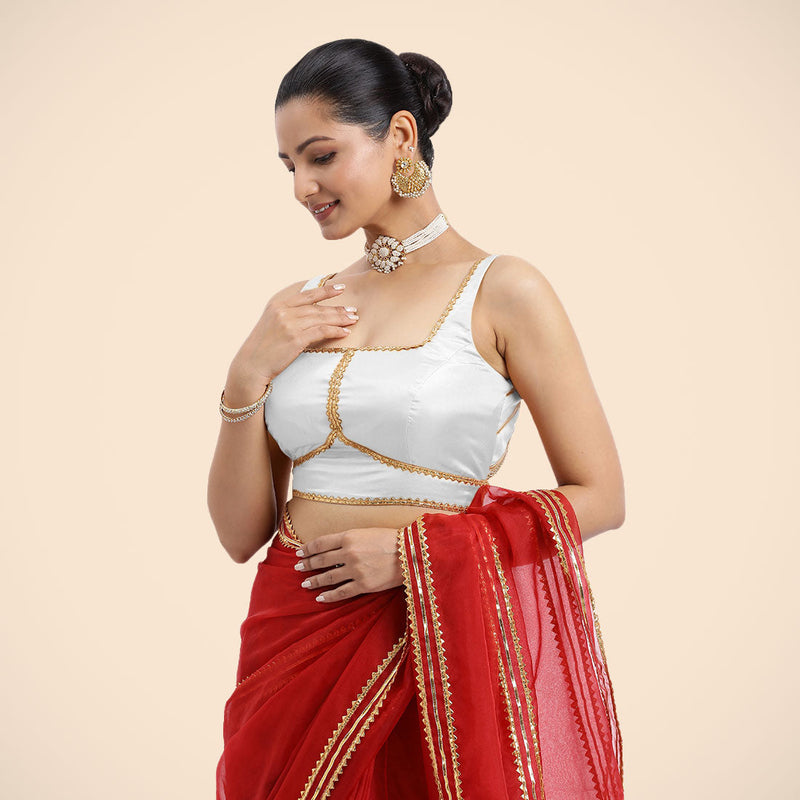 Arya x Tyohaar | Pearl White Sleeveless FlexiFit™ Saree Blouse with Square Neck and Back Window Embeliished with Golden Gota and Pearl Lace-Binks