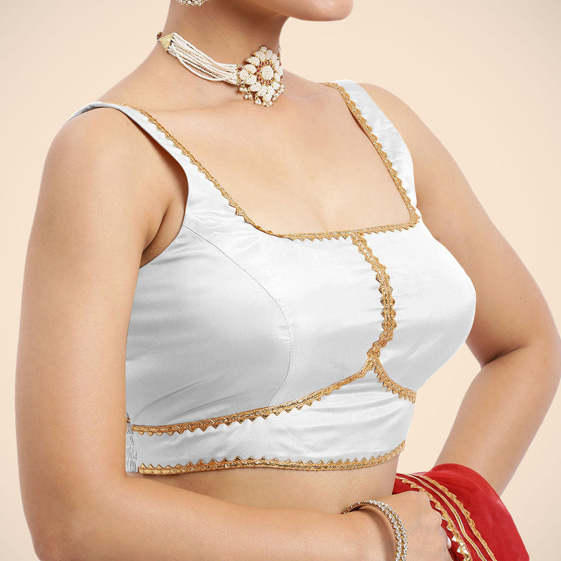 Arya x Tyohaar | Pearl White Sleeveless FlexiFit™ Saree Blouse with Square Neck and Back Window Embeliished with Golden Gota and Pearl Lace-Binks