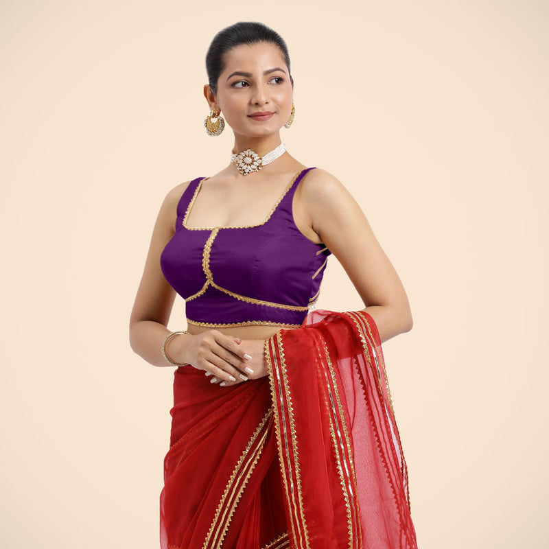 Arya x Tyohaar | Purple Sleeveless FlexiFit™ Saree Blouse with Square Neck and Back Window Embeliished with Golden Gota and Pearl Lace-Binks