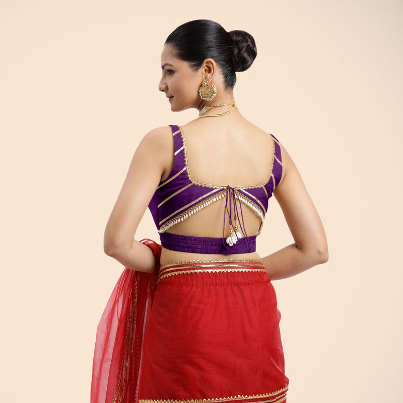 Arya x Tyohaar | Purple Sleeveless FlexiFit™ Saree Blouse with Square Neck and Back Window Embeliished with Golden Gota and Pearl Lace-Binks