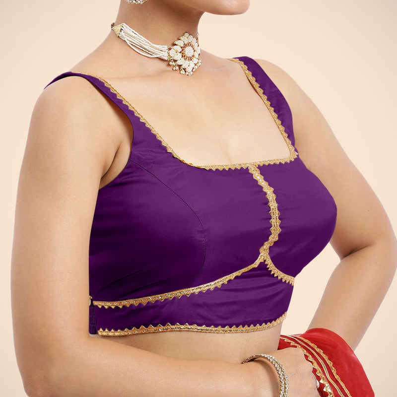 Arya x Tyohaar | Purple Sleeveless FlexiFit™ Saree Blouse with Square Neck and Back Window Embeliished with Golden Gota and Pearl Lace-Binks