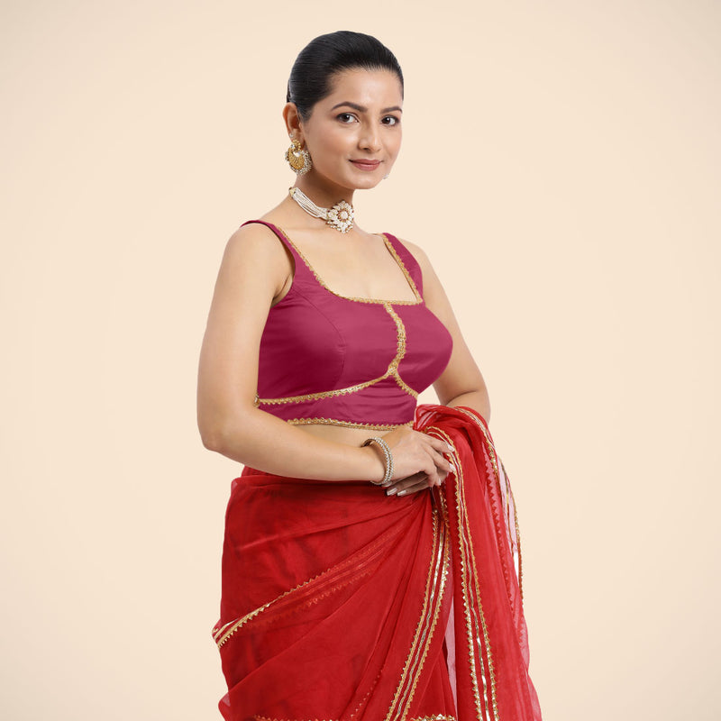 Arya x Tyohaar | Rani Pink Sleeveless FlexiFit™ Saree Blouse with Square Neck and Back Window Embeliished with Golden Gota and Pearl Lace-Binks