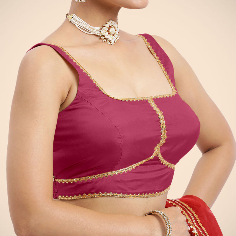 Arya x Tyohaar | Rani Pink Sleeveless FlexiFit™ Saree Blouse with Square Neck and Back Window Embeliished with Golden Gota and Pearl Lace-Binks
