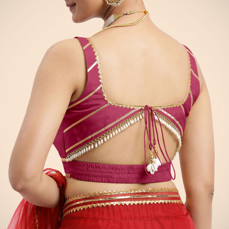 Arya x Tyohaar | Rani Pink Sleeveless FlexiFit™ Saree Blouse with Square Neck and Back Window Embeliished with Golden Gota and Pearl Lace-Binks