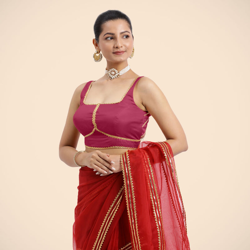 Arya x Tyohaar | Rani Pink Sleeveless FlexiFit™ Saree Blouse with Square Neck and Back Window Embeliished with Golden Gota and Pearl Lace-Binks